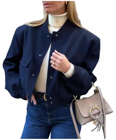 Women's Cropped Bomber Jacket Casual Long Sleeve Button Down Baseball Vasity Jacket with Pockets 2023 Navy $16.45 Jackets