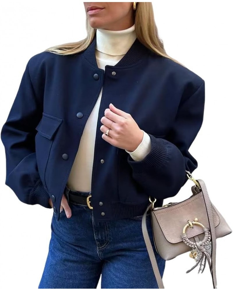 Women's Cropped Bomber Jacket Casual Long Sleeve Button Down Baseball Vasity Jacket with Pockets 2023 Navy $16.45 Jackets