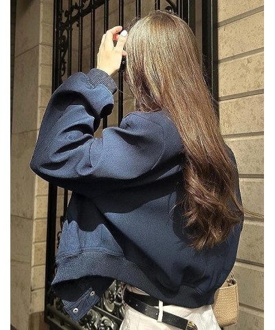 Women's Cropped Bomber Jacket Casual Long Sleeve Button Down Baseball Vasity Jacket with Pockets 2023 Navy $16.45 Jackets