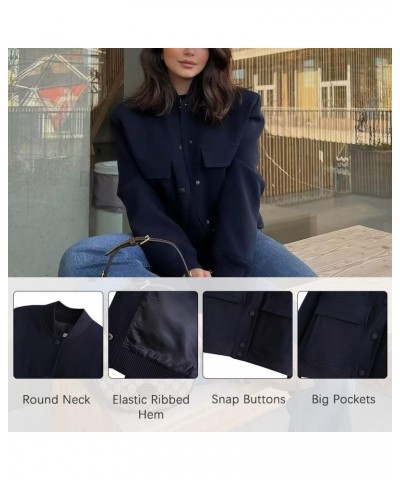 Women's Cropped Bomber Jacket Casual Long Sleeve Button Down Baseball Vasity Jacket with Pockets 2023 Navy $16.45 Jackets