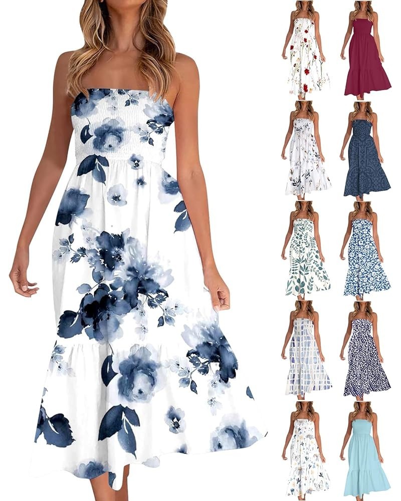 Prom Dresses for Women 2023 Flowy Smocked Strapless Dress Trendy Floral Cocktail Summer Midi Dress 2023 A001- Navy $7.13 Tanks