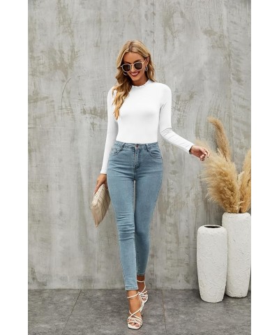 Women's Basic Ruffle Mock Turtle Neck Long Sleeve Slim Fit Stretchy Ribbed Bodysuit Tops White $10.32 Lingerie