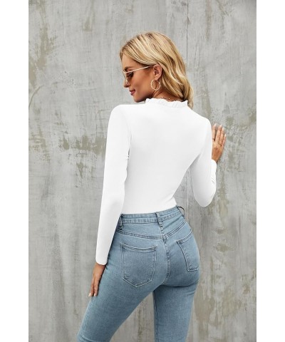 Women's Basic Ruffle Mock Turtle Neck Long Sleeve Slim Fit Stretchy Ribbed Bodysuit Tops White $10.32 Lingerie