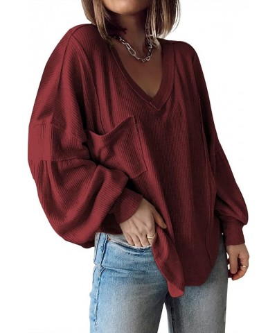 Women's Fall Balloon Long Sleeve Shirts V Neck Oversized Tunic Tops Casual Loose Ribbed Knit Pullover Top Wine Red $7.79 Tops