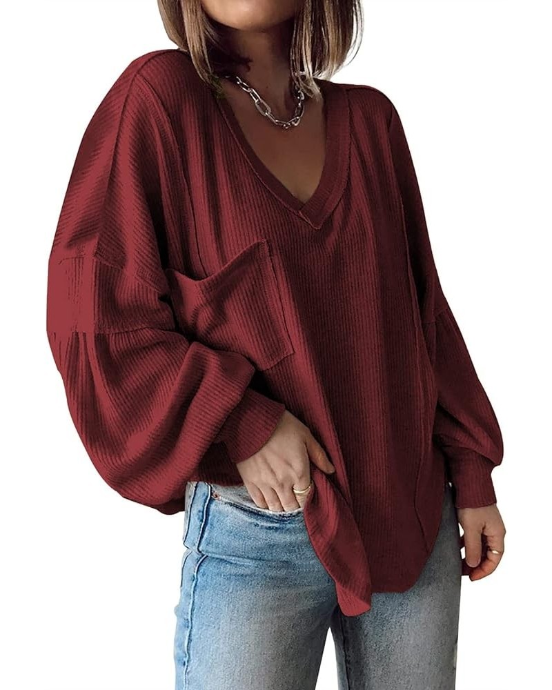 Women's Fall Balloon Long Sleeve Shirts V Neck Oversized Tunic Tops Casual Loose Ribbed Knit Pullover Top Wine Red $7.79 Tops