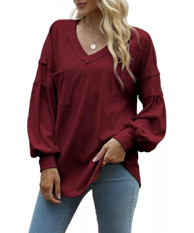 Women's Fall Balloon Long Sleeve Shirts V Neck Oversized Tunic Tops Casual Loose Ribbed Knit Pullover Top Wine Red $7.79 Tops