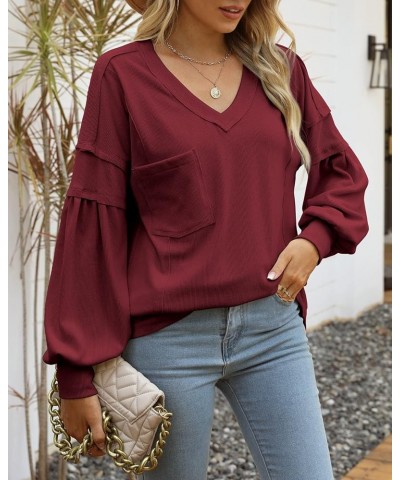 Women's Fall Balloon Long Sleeve Shirts V Neck Oversized Tunic Tops Casual Loose Ribbed Knit Pullover Top Wine Red $7.79 Tops