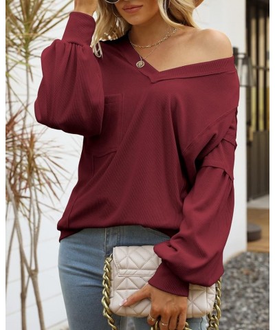 Women's Fall Balloon Long Sleeve Shirts V Neck Oversized Tunic Tops Casual Loose Ribbed Knit Pullover Top Wine Red $7.79 Tops