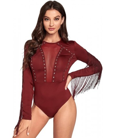 Women's Cold Shoulder Fringe Long Sleeve Sheer Mesh Jumpsuit Bodysuit Red Wine $17.39 Bodysuits