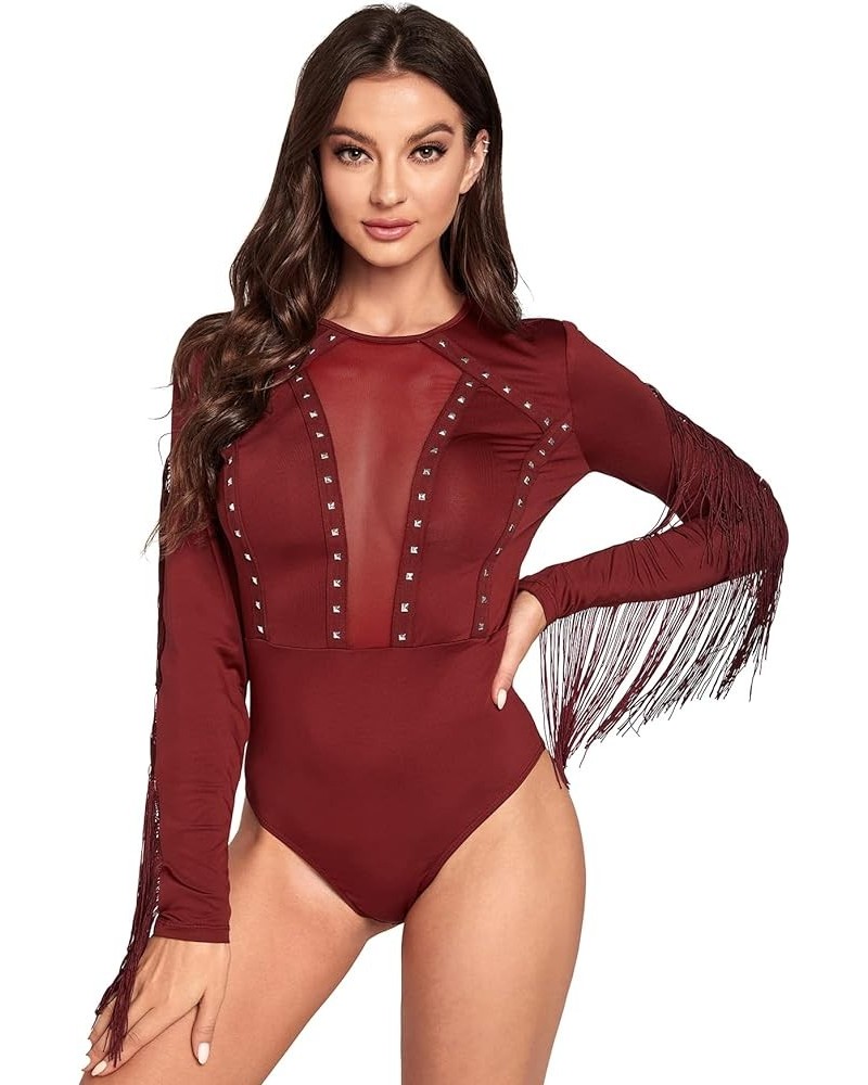 Women's Cold Shoulder Fringe Long Sleeve Sheer Mesh Jumpsuit Bodysuit Red Wine $17.39 Bodysuits