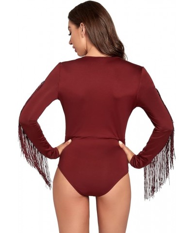 Women's Cold Shoulder Fringe Long Sleeve Sheer Mesh Jumpsuit Bodysuit Red Wine $17.39 Bodysuits