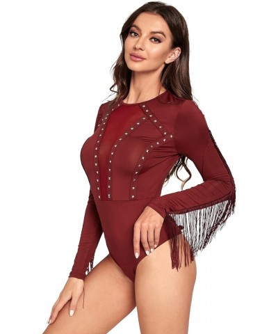 Women's Cold Shoulder Fringe Long Sleeve Sheer Mesh Jumpsuit Bodysuit Red Wine $17.39 Bodysuits