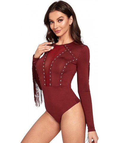 Women's Cold Shoulder Fringe Long Sleeve Sheer Mesh Jumpsuit Bodysuit Red Wine $17.39 Bodysuits