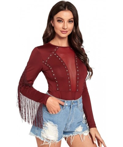 Women's Cold Shoulder Fringe Long Sleeve Sheer Mesh Jumpsuit Bodysuit Red Wine $17.39 Bodysuits