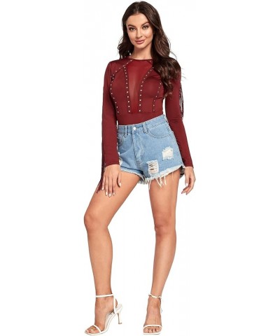 Women's Cold Shoulder Fringe Long Sleeve Sheer Mesh Jumpsuit Bodysuit Red Wine $17.39 Bodysuits