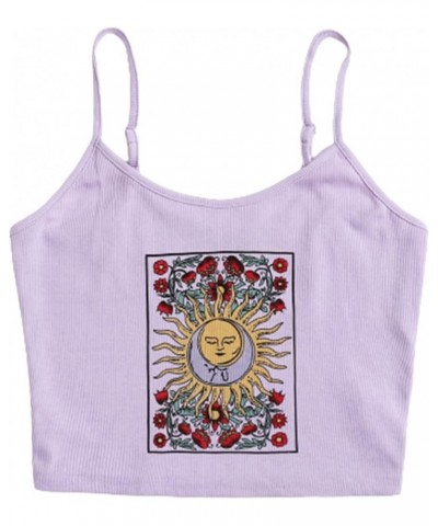 Women's Spaghetti Strap Floral Sun Graphic Print Ribbed Knit Crop Cami Top Lilac Purple $11.04 Tanks