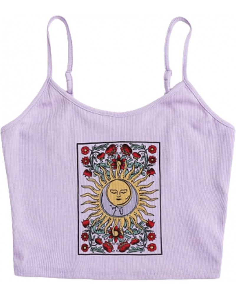 Women's Spaghetti Strap Floral Sun Graphic Print Ribbed Knit Crop Cami Top Lilac Purple $11.04 Tanks