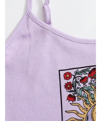 Women's Spaghetti Strap Floral Sun Graphic Print Ribbed Knit Crop Cami Top Lilac Purple $11.04 Tanks