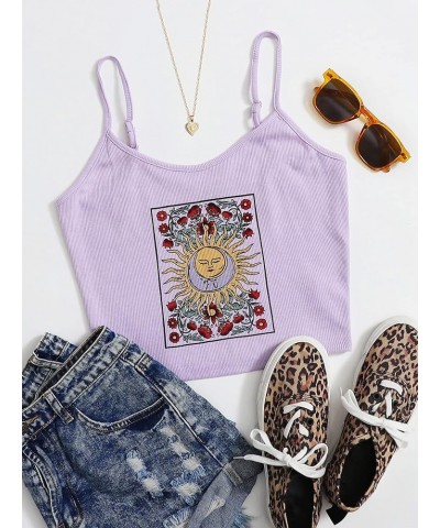 Women's Spaghetti Strap Floral Sun Graphic Print Ribbed Knit Crop Cami Top Lilac Purple $11.04 Tanks