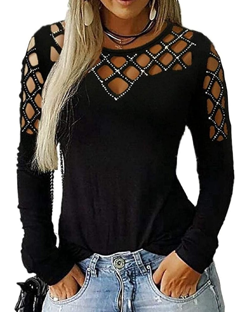 Memorose Long Sleeve Shirts for Women Oversized Crewneck Cut Hollow Rhinestone Tops Tshirts Black $17.09 Hoodies & Sweatshirts