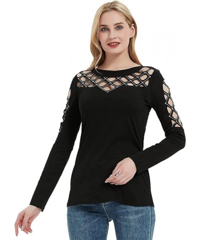 Memorose Long Sleeve Shirts for Women Oversized Crewneck Cut Hollow Rhinestone Tops Tshirts Black $17.09 Hoodies & Sweatshirts