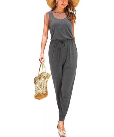 Womens Summer Casual Jumpsuit Rompers Dressy Drawstring Elastic Waist Button with Pockets Dark Gray $10.99 Jumpsuits