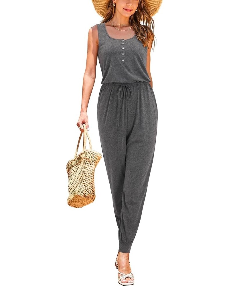 Womens Summer Casual Jumpsuit Rompers Dressy Drawstring Elastic Waist Button with Pockets Dark Gray $10.99 Jumpsuits