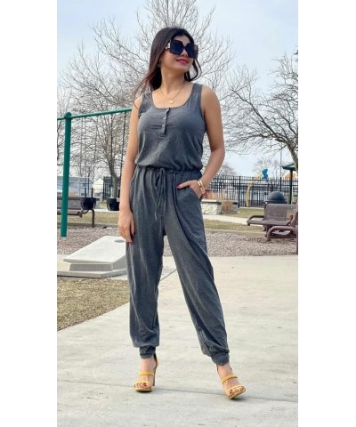 Womens Summer Casual Jumpsuit Rompers Dressy Drawstring Elastic Waist Button with Pockets Dark Gray $10.99 Jumpsuits