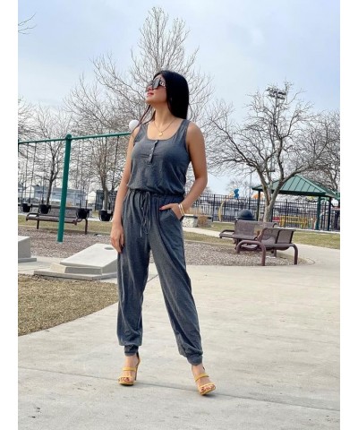 Womens Summer Casual Jumpsuit Rompers Dressy Drawstring Elastic Waist Button with Pockets Dark Gray $10.99 Jumpsuits