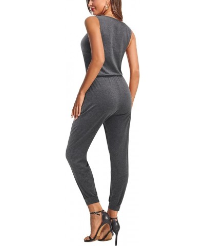 Womens Summer Casual Jumpsuit Rompers Dressy Drawstring Elastic Waist Button with Pockets Dark Gray $10.99 Jumpsuits