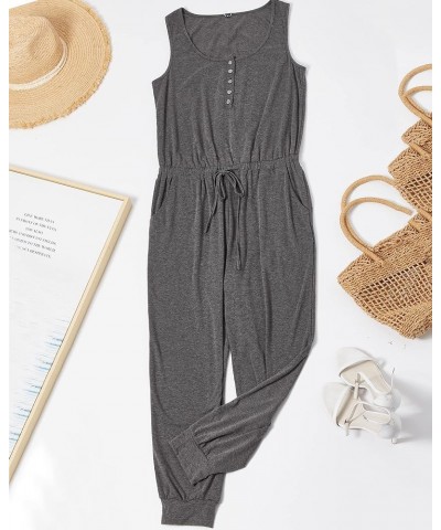 Womens Summer Casual Jumpsuit Rompers Dressy Drawstring Elastic Waist Button with Pockets Dark Gray $10.99 Jumpsuits