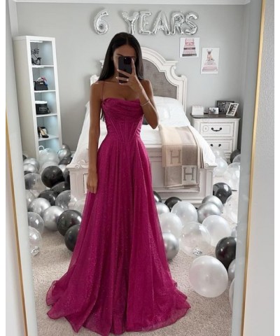 Sparkly Tulle Prom Dresses 2024 Long A Line Spaghetti Straps Cowl Neck Formal Evening Gown with Slit Burnt Orange $35.74 Dresses