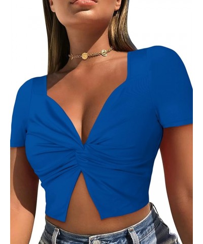 Women's Twist Short Sleeve Crop Top Sexy V Neck Cleavage Trendy Crop Top Going Out Tops for Women Blue $11.65 T-Shirts