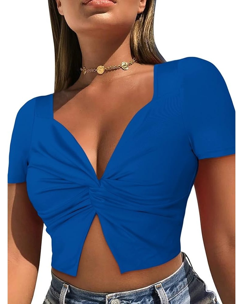 Women's Twist Short Sleeve Crop Top Sexy V Neck Cleavage Trendy Crop Top Going Out Tops for Women Blue $11.65 T-Shirts