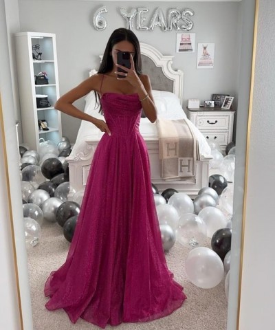 Sparkly Tulle Prom Dresses 2024 Long A Line Spaghetti Straps Cowl Neck Formal Evening Gown with Slit Burnt Orange $35.74 Dresses