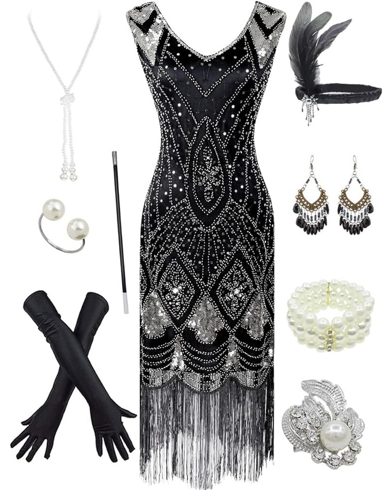 Women's 1920s Gatsby Inspired Sequin Beads Long Fringe Flapper Dress w/Accessories Set Style02-black&silver $22.51 Others