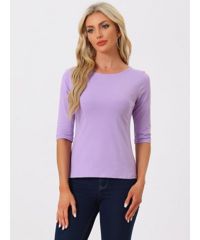 Women Elbow Sleeves Round Neck Slim Fit Tee Light Purple $11.50 T-Shirts