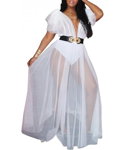 Women Sleeveless Strap Tunic Bodysuits with Mesh Sheer Flowy Ruffle Long Maxi Dress White $17.39 Dresses