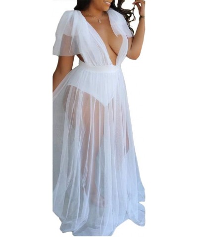 Women Sleeveless Strap Tunic Bodysuits with Mesh Sheer Flowy Ruffle Long Maxi Dress White $17.39 Dresses