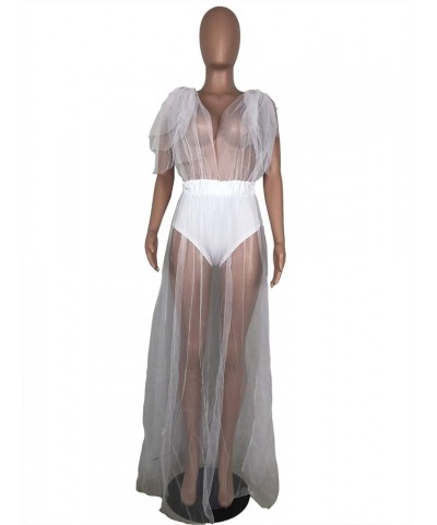 Women Sleeveless Strap Tunic Bodysuits with Mesh Sheer Flowy Ruffle Long Maxi Dress White $17.39 Dresses