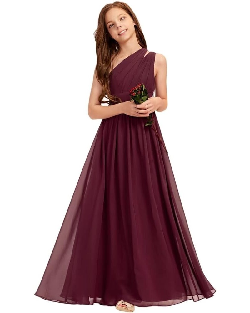 A-line One Shoulder Floor-Length Chiffon Junior Bridesmaid Dress for Wedding Teen Girls Party Gowns Cabernet $30.00 Dresses