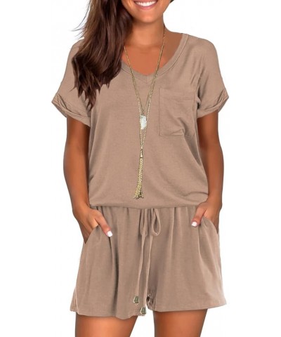 Womens Summer Cute Front Tie Short Jumpsuits Rompers with Pockets Kahki $15.84 Rompers