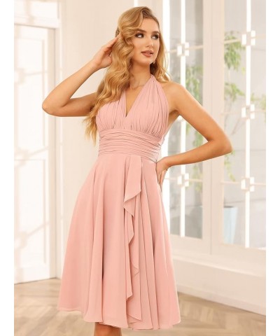 Halter Short Bridesmaid Dresses with Pockets 2023 Ruched A-Line Chiffon Formal Cocktail Party Dresses YO052 Blush Pink $32.99...