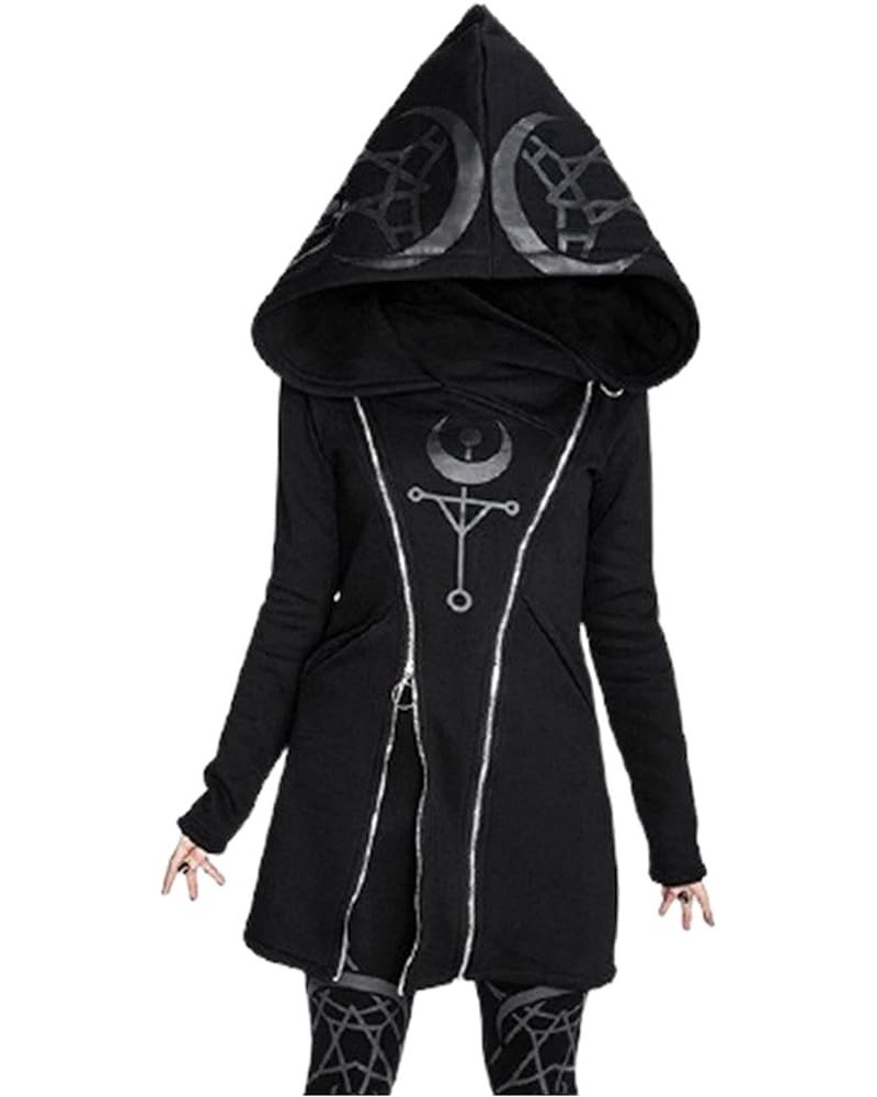 Womens Gothic Hoodie Witchcraft Punk Cardigan Jacket Coat - Eye Moon Waist Rope Hoodie Jacket Top Long Sweatshirt D-black $8....