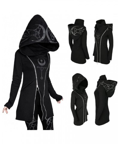 Womens Gothic Hoodie Witchcraft Punk Cardigan Jacket Coat - Eye Moon Waist Rope Hoodie Jacket Top Long Sweatshirt D-black $8....