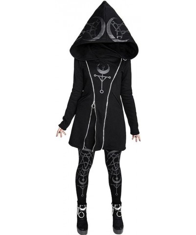 Womens Gothic Hoodie Witchcraft Punk Cardigan Jacket Coat - Eye Moon Waist Rope Hoodie Jacket Top Long Sweatshirt D-black $8....