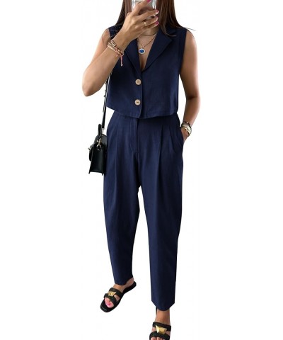 Women's Summer 2 Piece Blazer Outfit Casual Button V Neck Cropped Vest Tops High Waisted Pants Suit Set Dark Blue $15.22 Suits