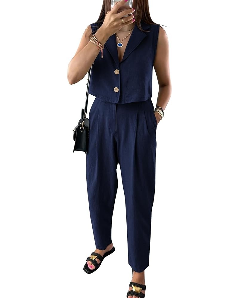 Women's Summer 2 Piece Blazer Outfit Casual Button V Neck Cropped Vest Tops High Waisted Pants Suit Set Dark Blue $15.22 Suits