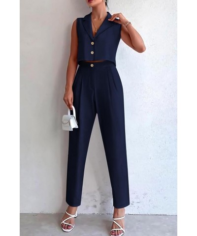 Women's Summer 2 Piece Blazer Outfit Casual Button V Neck Cropped Vest Tops High Waisted Pants Suit Set Dark Blue $15.22 Suits