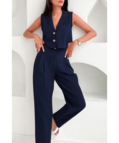 Women's Summer 2 Piece Blazer Outfit Casual Button V Neck Cropped Vest Tops High Waisted Pants Suit Set Dark Blue $15.22 Suits